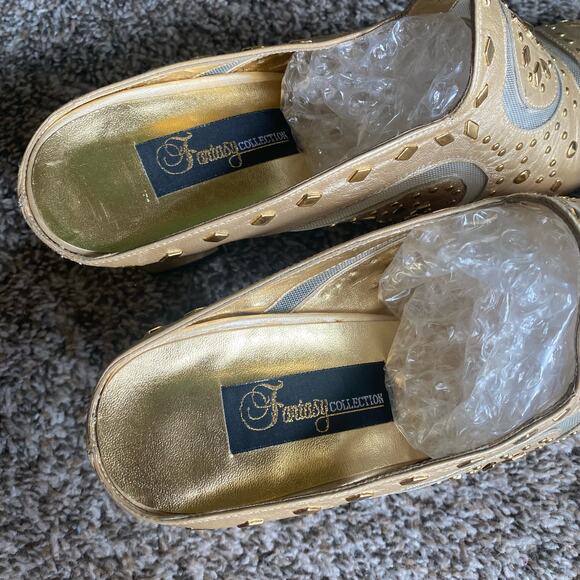 Vintage Fantasy Collection gold studded mesh mule heels - Picture 8 of 9